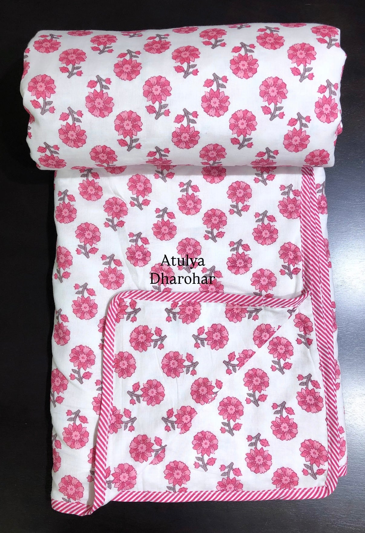 Pink Floral Motifs Mulmul Double Bed Dohar