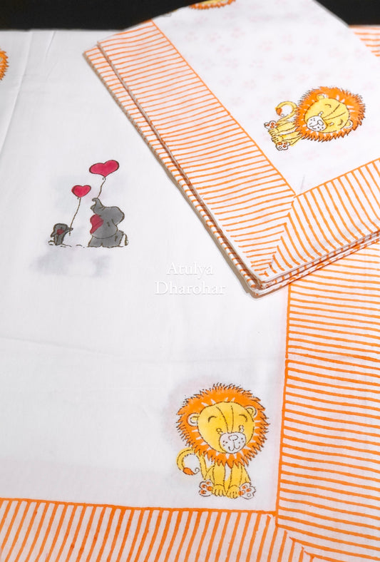 Lion and Elephant Kids Hand Block Printed Single Bedsheet