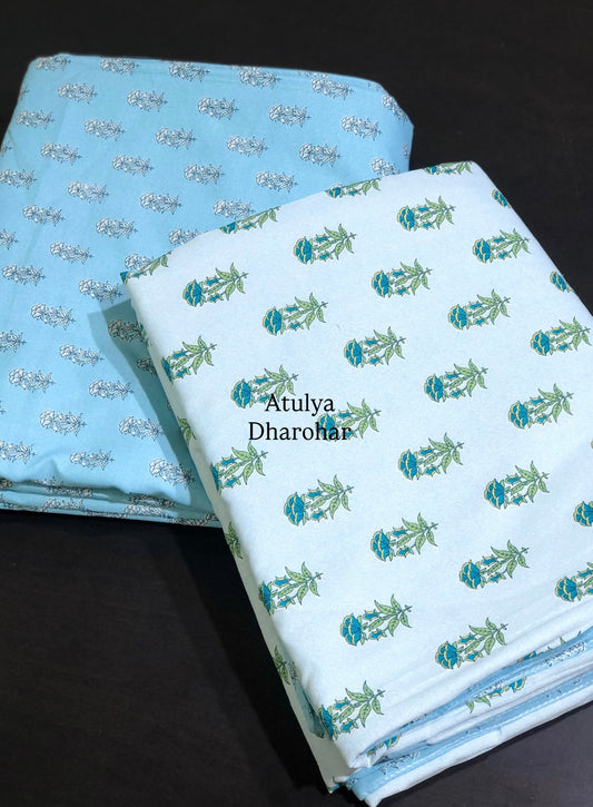 Blue and Green Floral Cambric Cotton Single Dohar Pair