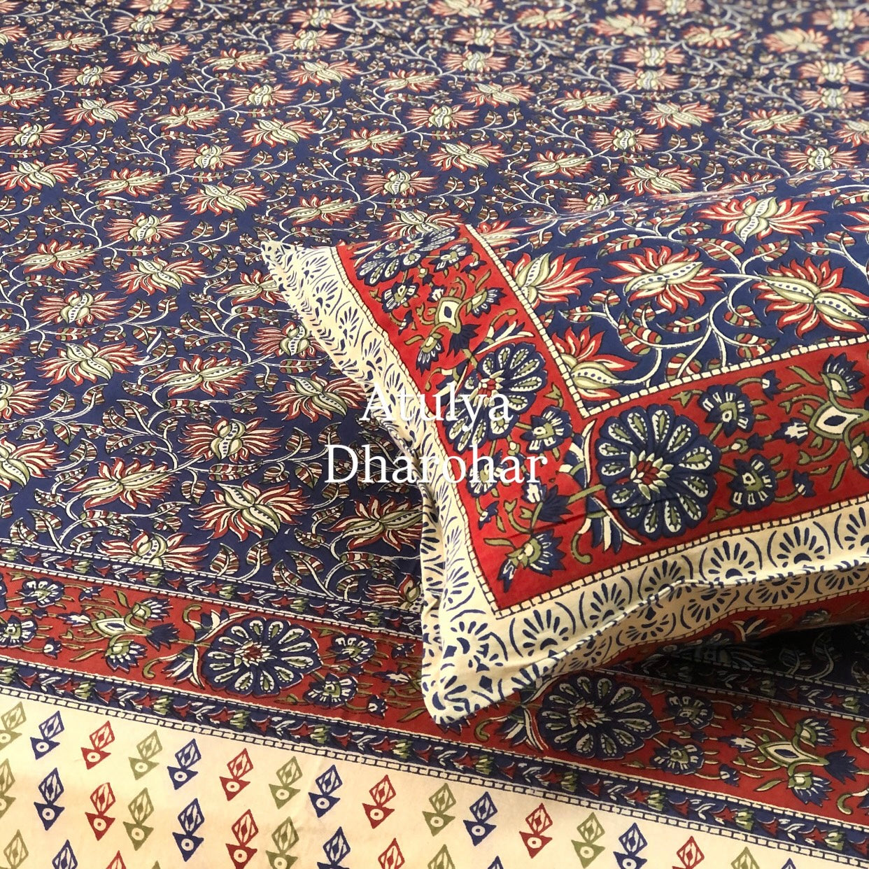 Indigo and Red Cotton Kalamkari Super King Bedsheet