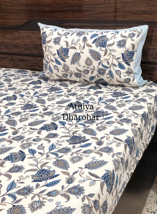 Blue Floral Jaal Cotton King Size Bedsheet