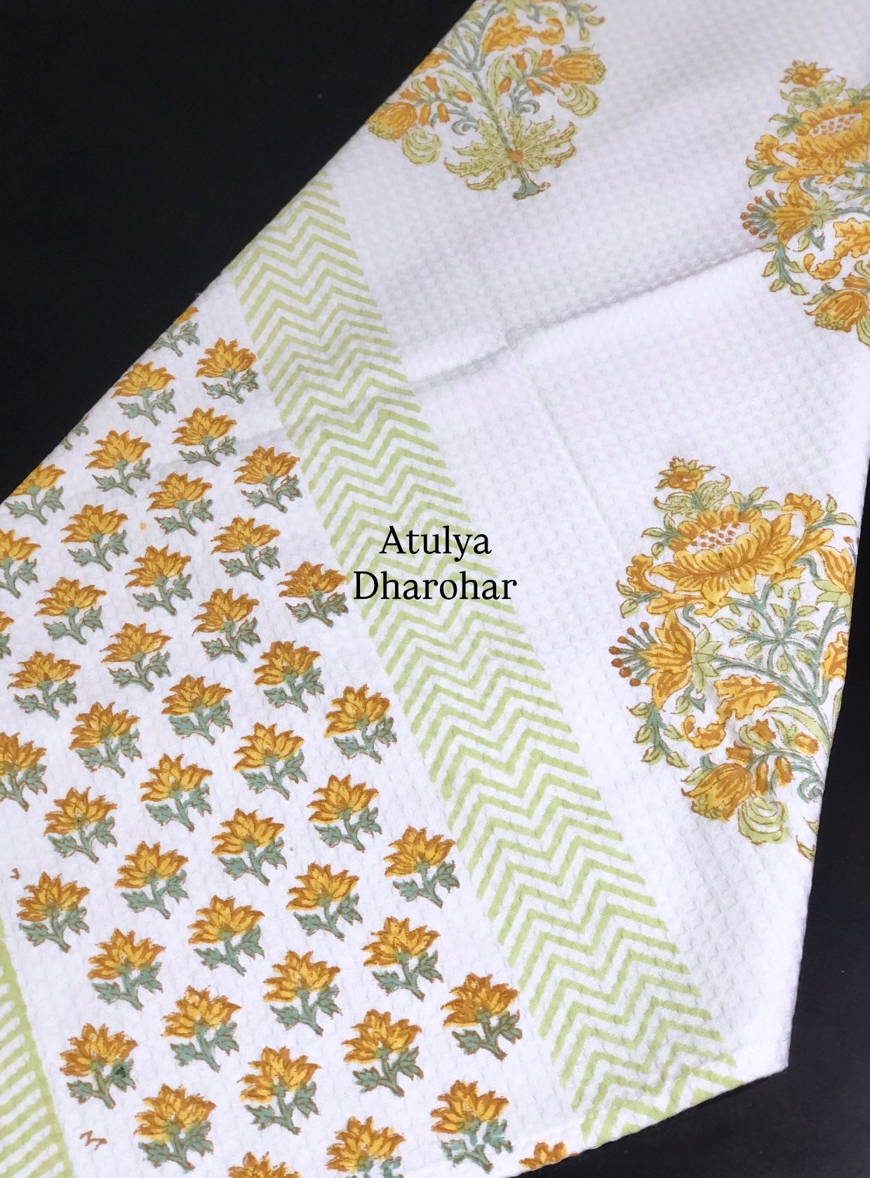 Yellow Floral Motifs Hand Block Printed Waffle Cotton Towel