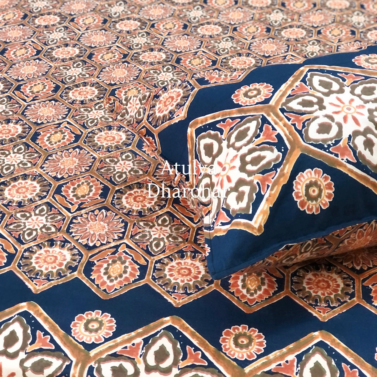 Indigo and Red Floral Mughal Jaal Super King Cotton Bedsheet
