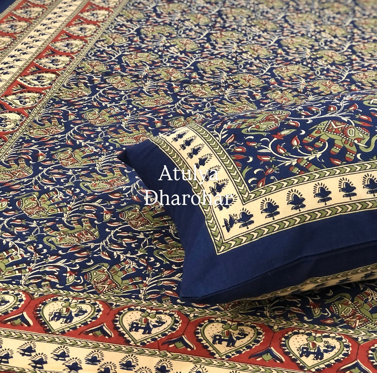 Indigo Elephant Motifs Cotton Single Bed Bedsheet