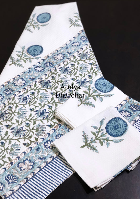 Blue and Green Floral Motifs Hand Block Waffle Cotton Towel Set