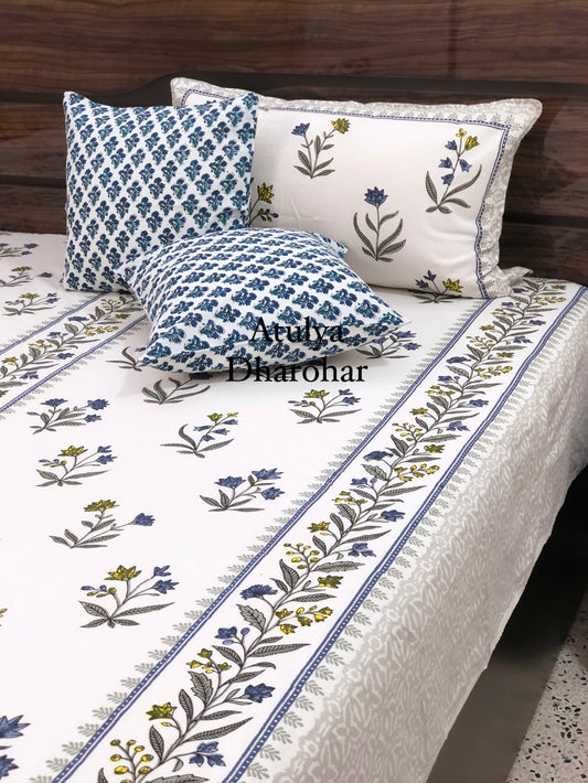 Blue Floral Motifs Super King Bedsheet