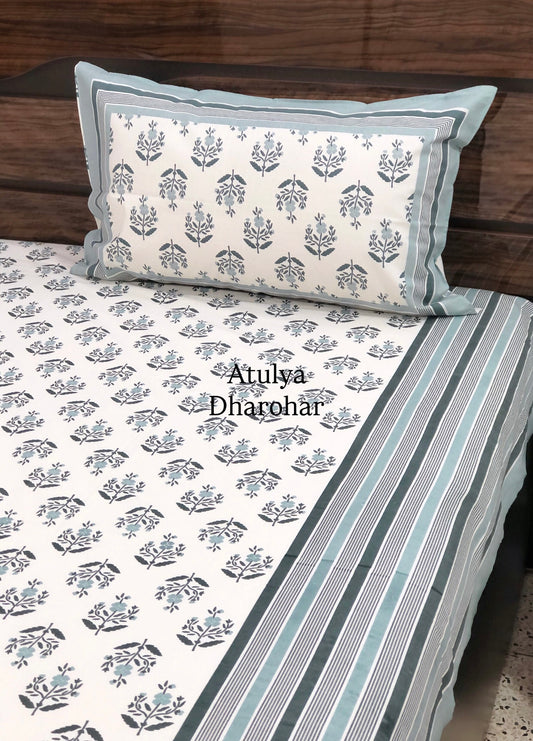 Grey Floral Motifs Cotton King Size Bedsheet