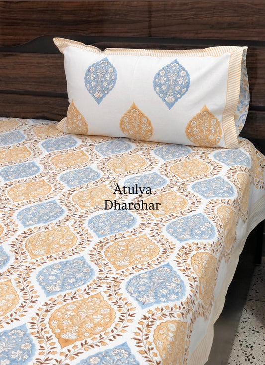 Yellow and Blue Mughal Jaal Hand Block Printed Super King Bedsheet