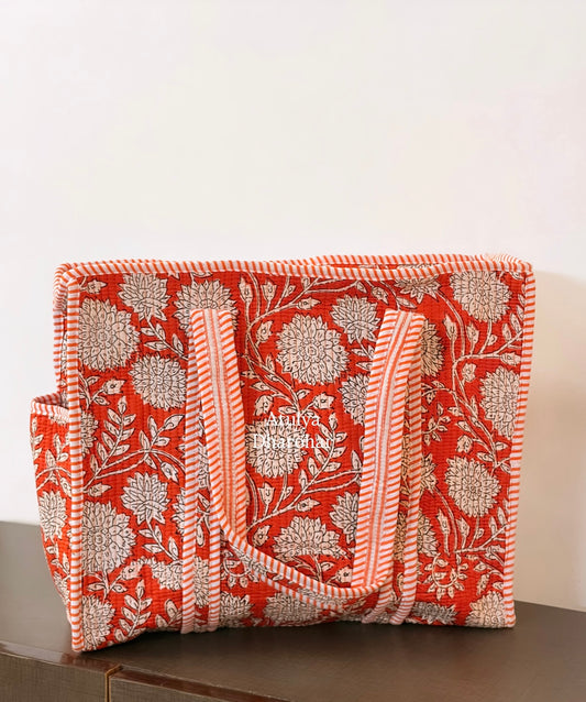 Orange Floral Medium Tote Bag with Zip
