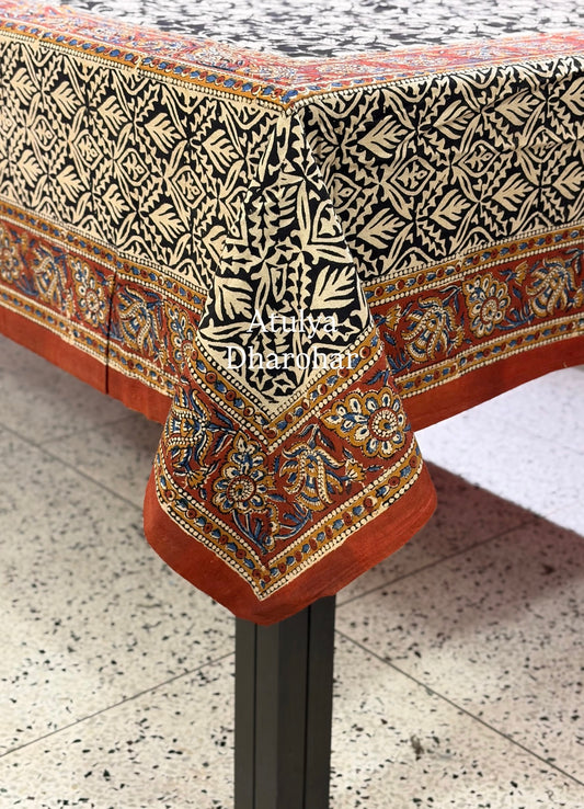 Black and Maroon Kalamkari Hand Block Dining Table Cover