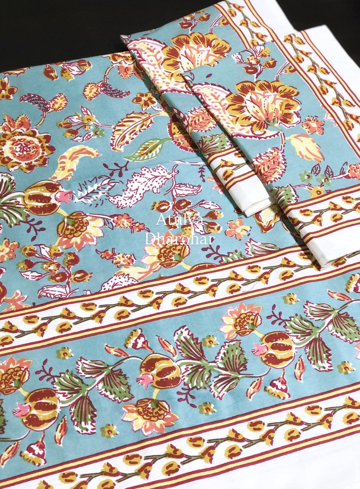 Turquoise and Mustard Floral Jaal Cotton Super King Bedsheet
