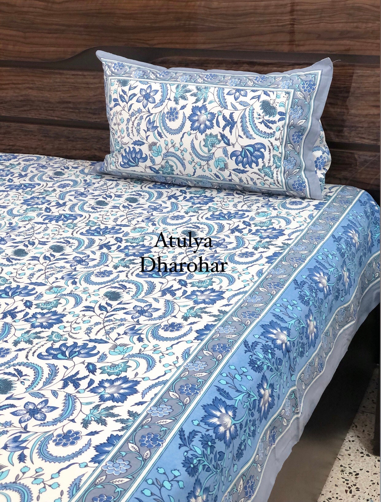 Blue Floral Jaal Super King Bedsheet