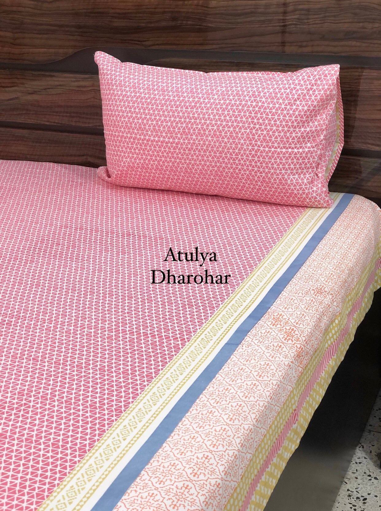 Pink Geometric with Mughal Jaal Bedsheet