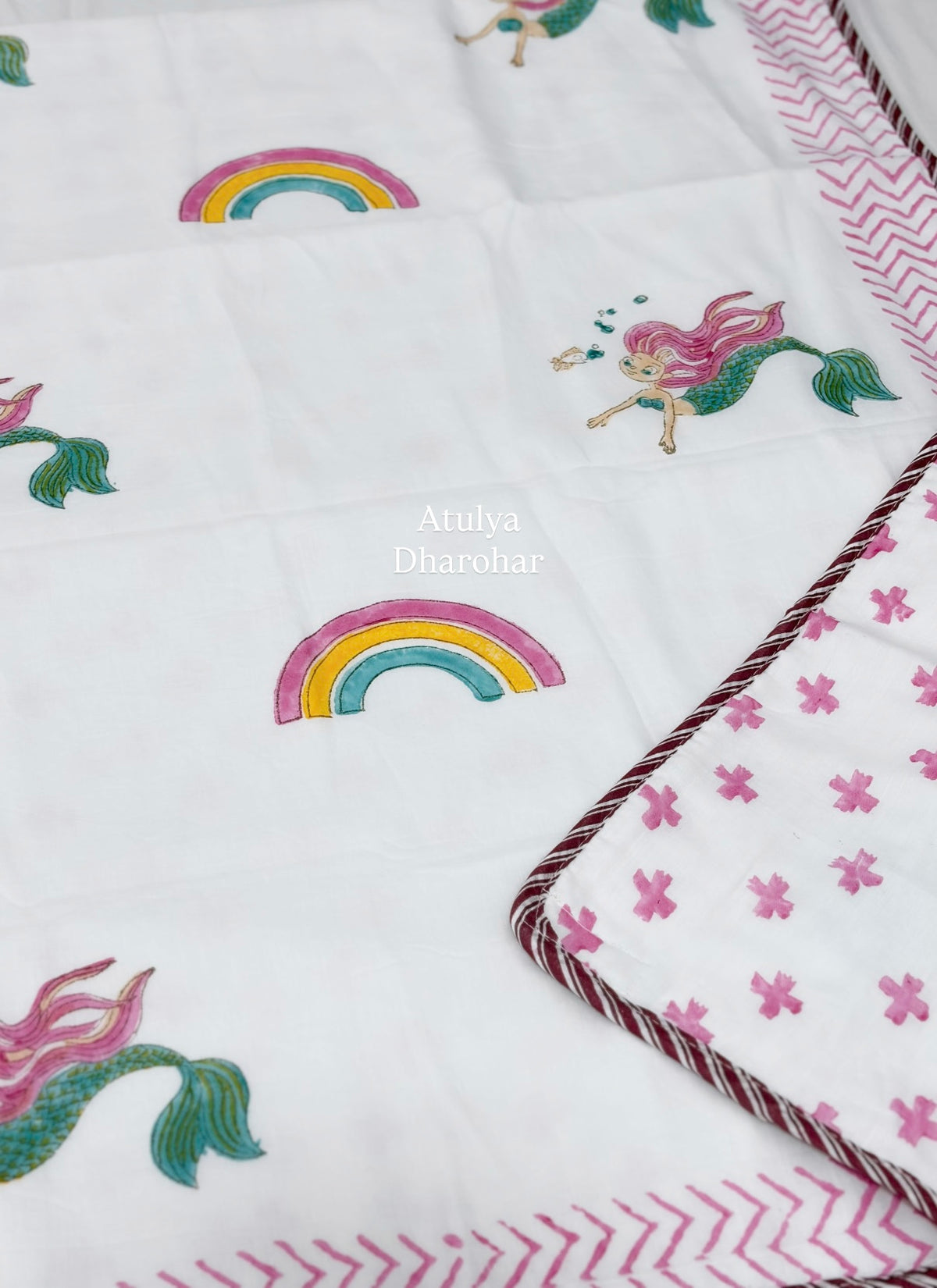 Mermaid and Rainbow Hand Block Printed Mulmul Baby Dohar