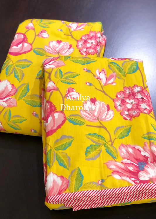 Yellow and Pink Floral Mulmul Single Dohar Pair