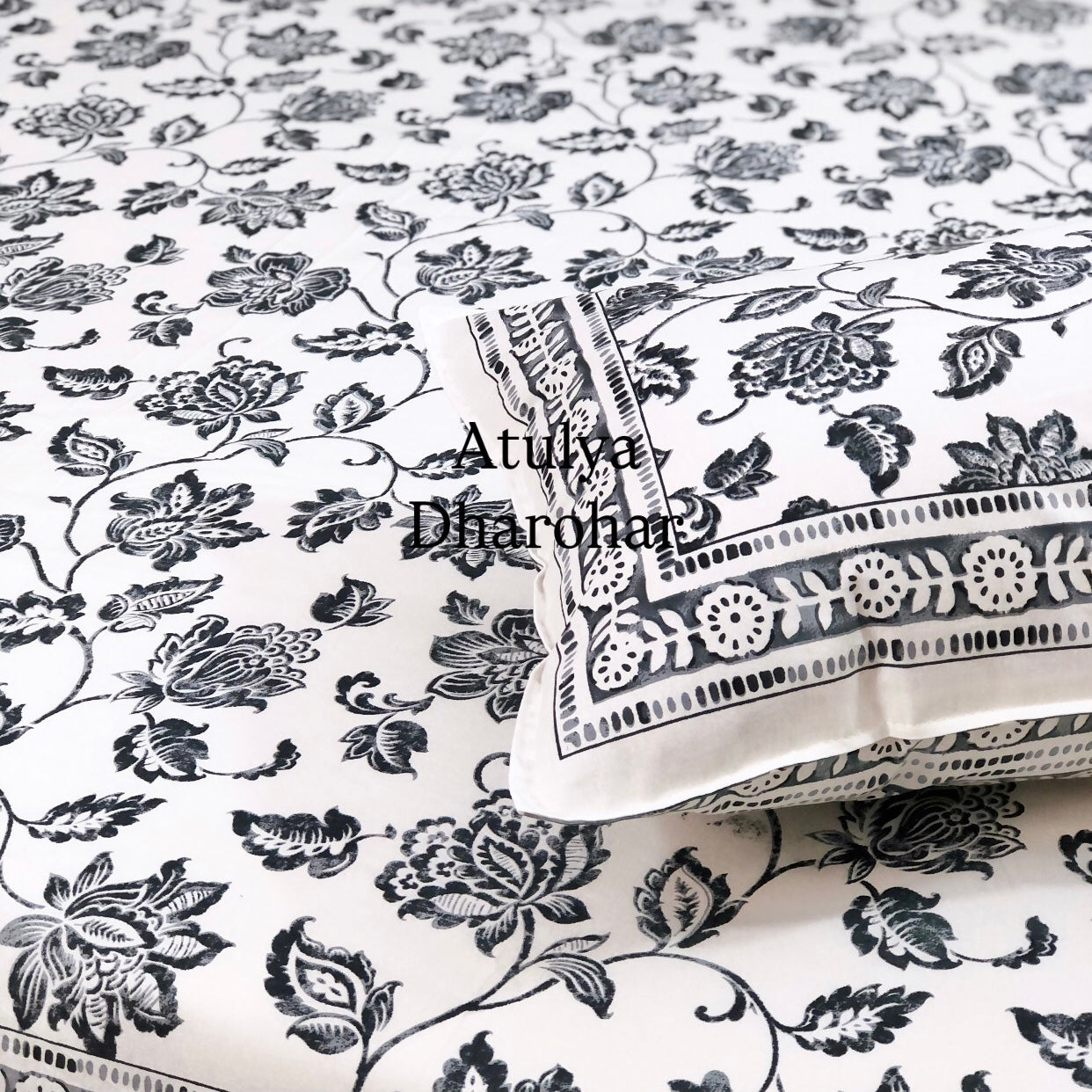 Charcoal Grey Floral Jaal Super King Bedsheet