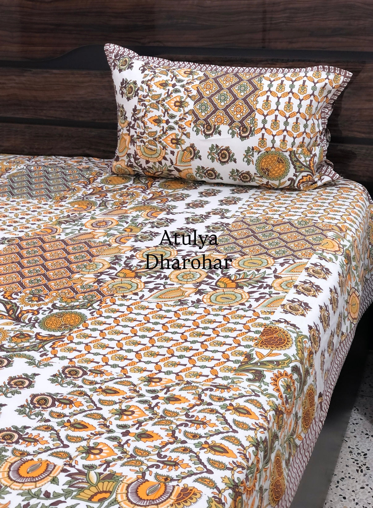 Yellow and Green Patchwork Look Cotton Super King Bedsheet
