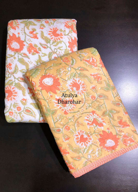 Yellow and Orange Floral Jaal Mulmul Single Dohar Pair