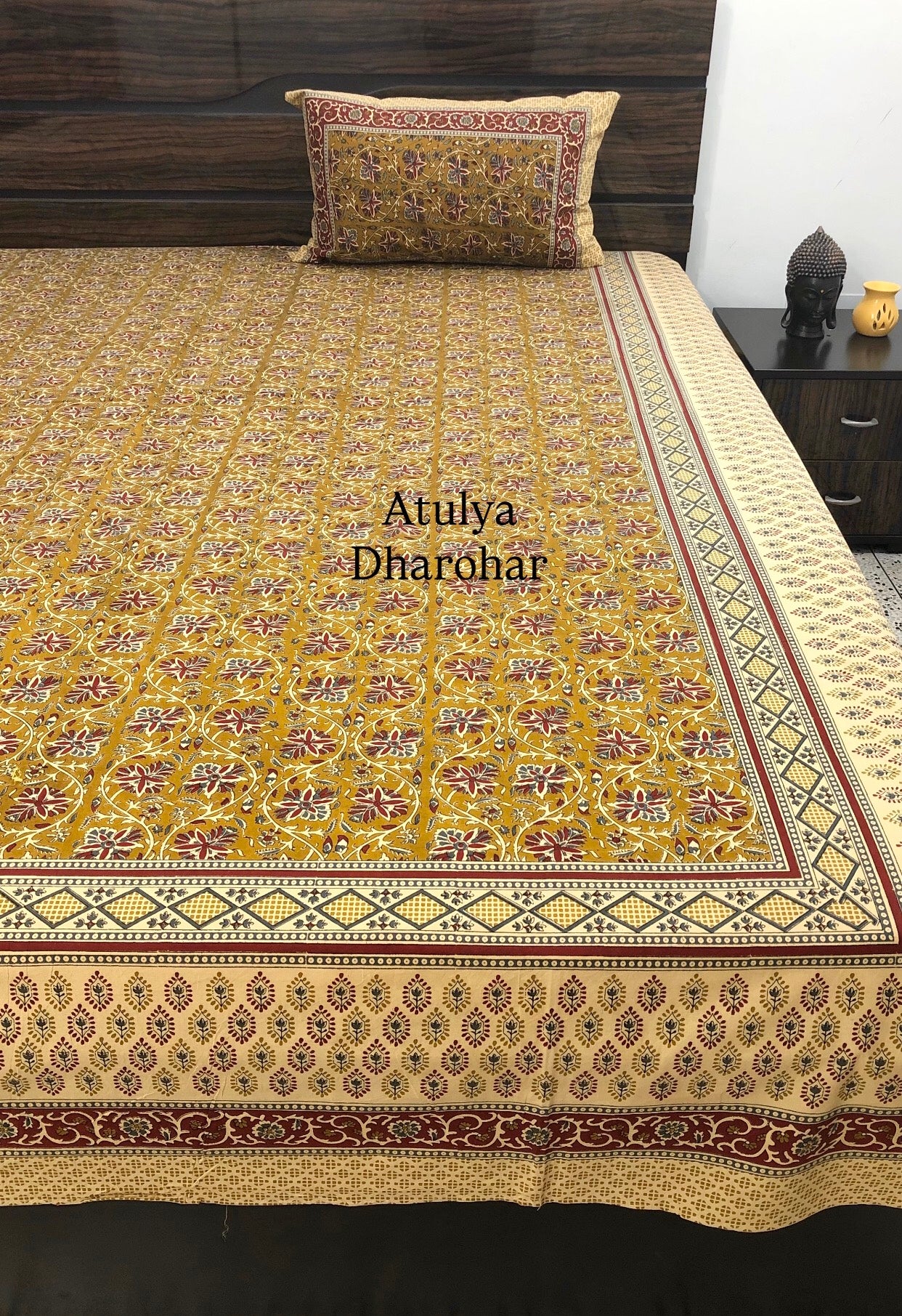 Mustard Green Kalamkari Cotton King Size Bedsheet