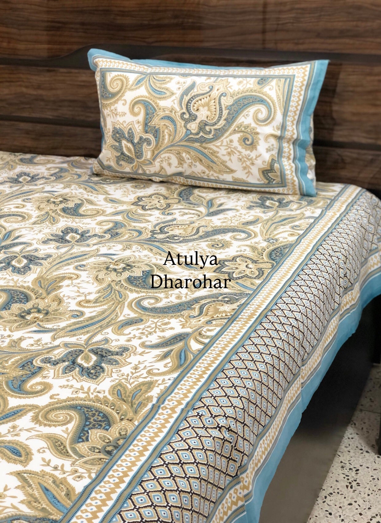 Turquoise Blue Paisley & Floral Jaal Cotton Super King Bedsheet