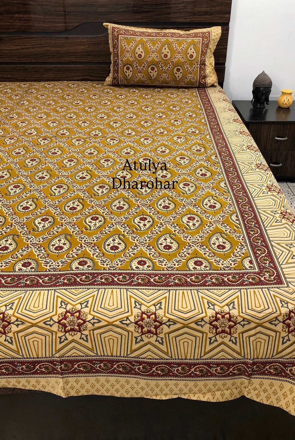 Mustard and Maroon Cotton Kalamkari Super King Bedsheet