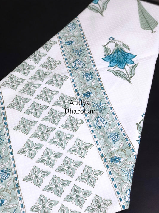 Green and Blue Floral Motifs Hand Block Printed Waffle Cotton Towel