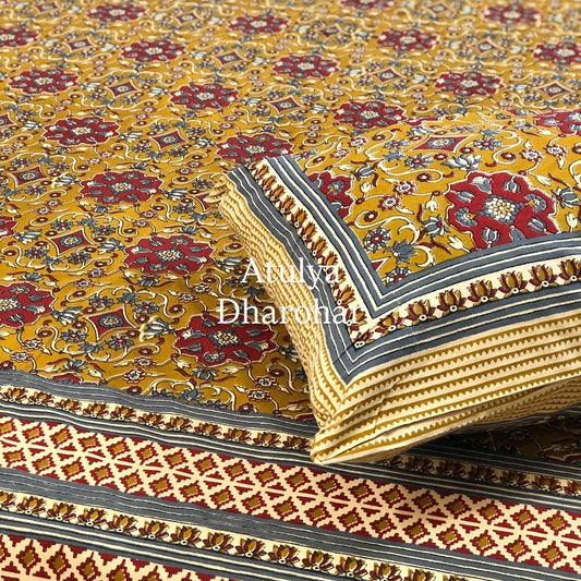 Greenish Mustard and Maroon Cotton Kalamkari King Size Bedsheet