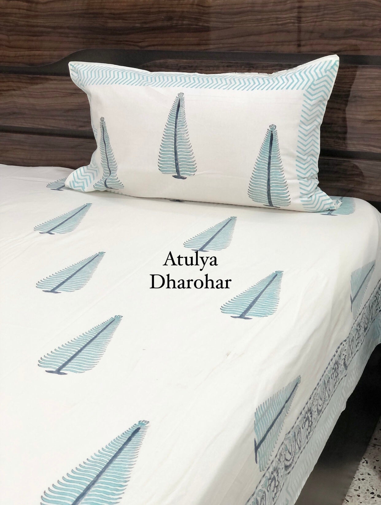 Turquoise Blue Pine Motifs Hand Block Printed Super King Bedsheet