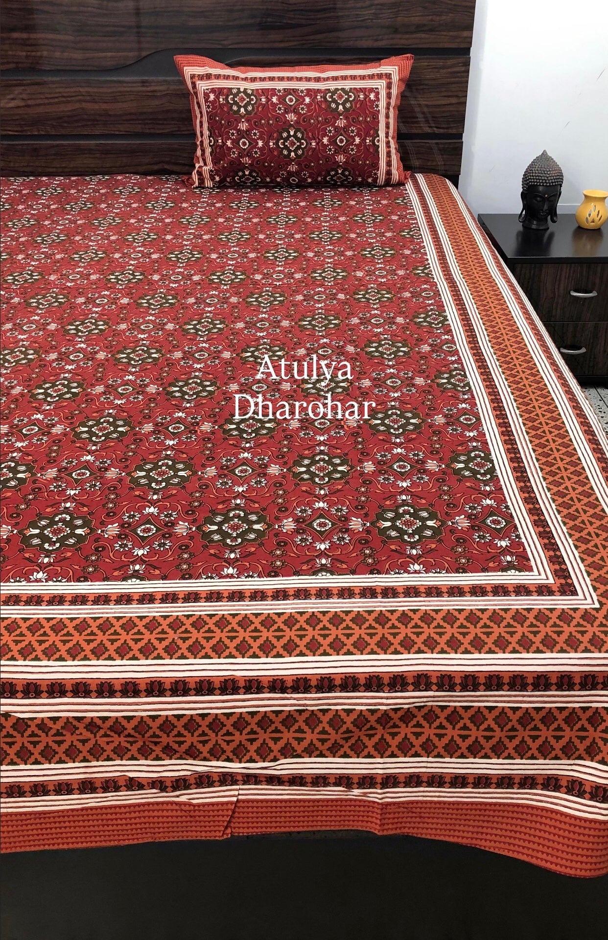 Maroon and Green Cotton Kalamkari King Size Bedsheet