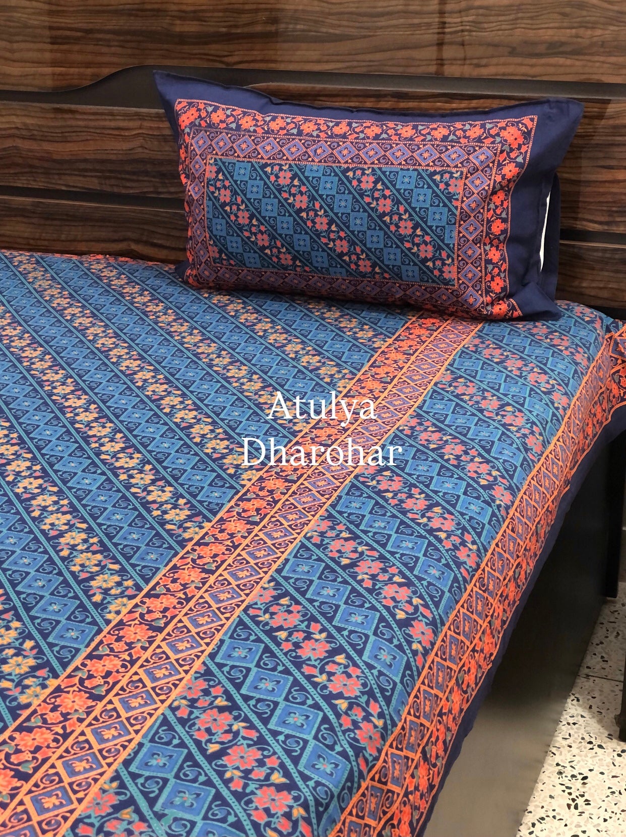 Blue and Orange Mandala Cotton King Size Bedsheet