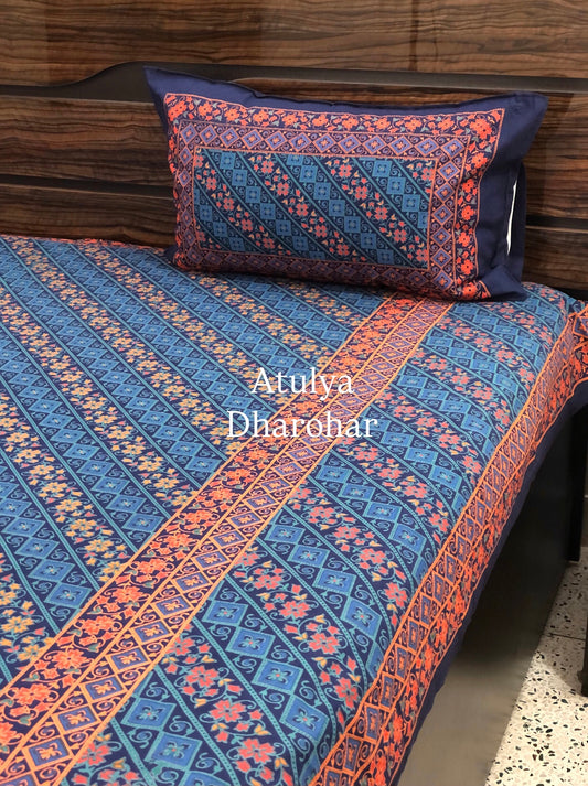 Blue and Orange Mandala Cotton King Size Bedsheet