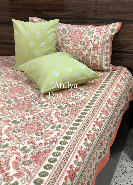 Pink and Green Mughal Jaal Cotton Super King Bedsheet