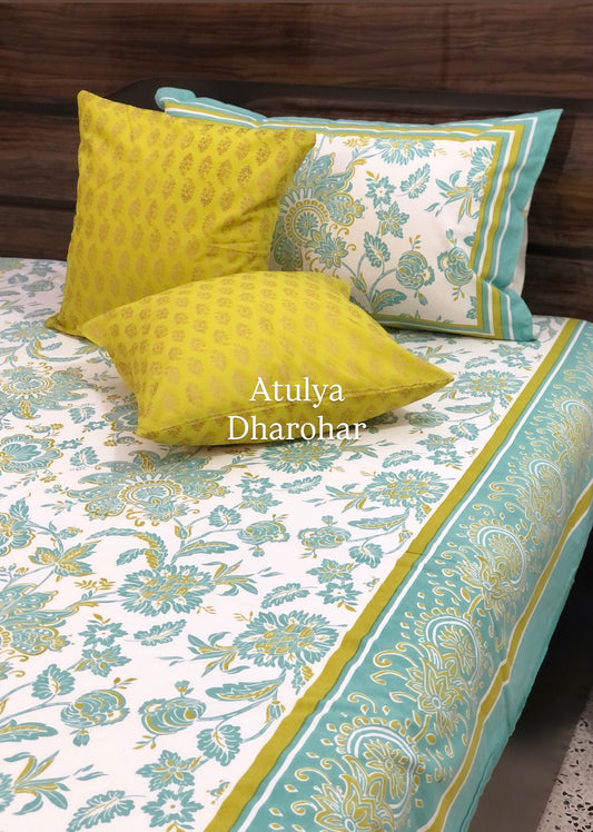Turquoise and Green Floral Jaal Cotton King Size Bedsheet