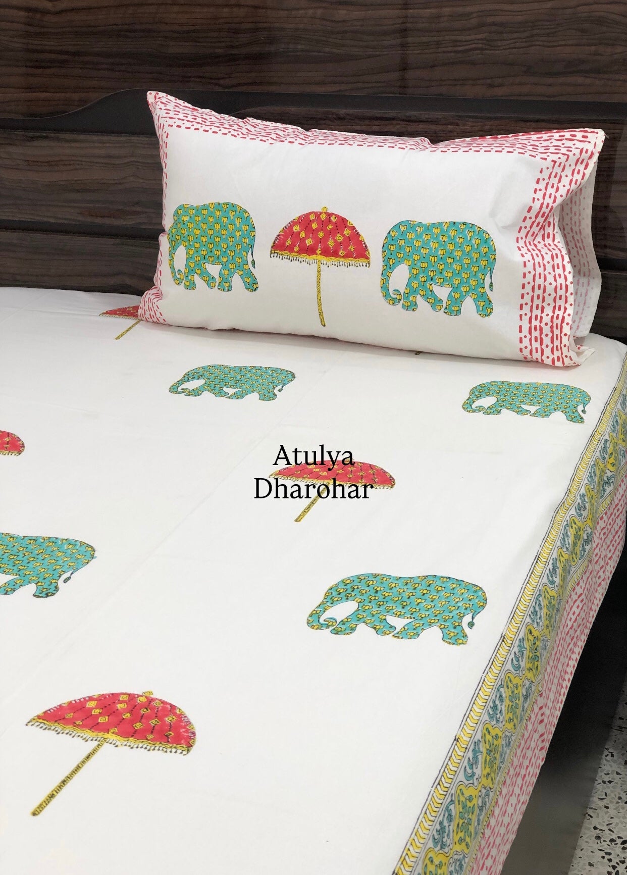 Elephant and Umbrella Motifs Hand Block Super King Bedsheet
