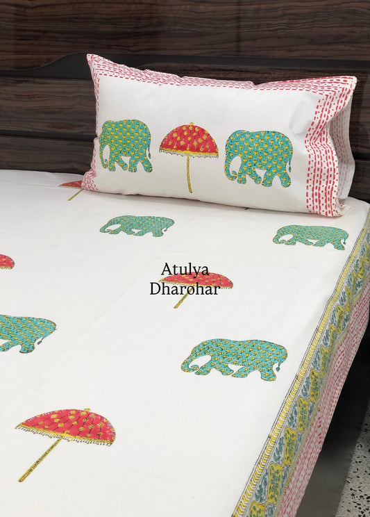 Elephant and Umbrella Motifs Hand Block Super King Bedsheet
