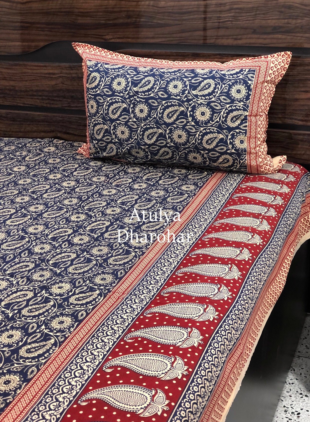 Indigo and Red Cotton Kalamkari King Size Bedsheet