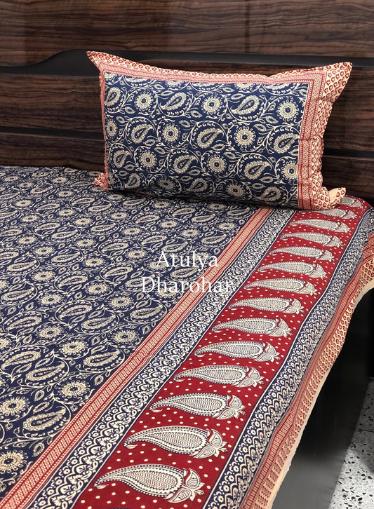 Indigo and Red Cotton Kalamkari King Size Bedsheet