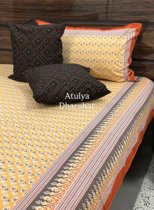 Yellow Butti Cotton King Size Bedsheet