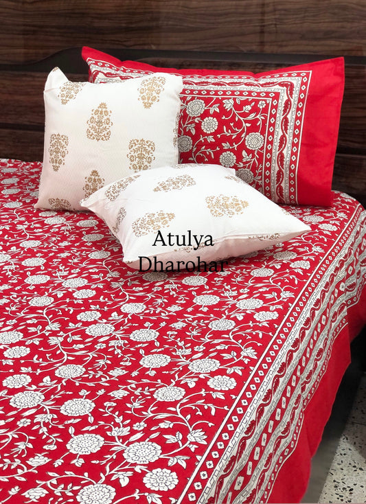 Red Floral Jaal Cotton Super King Size Bedsheet