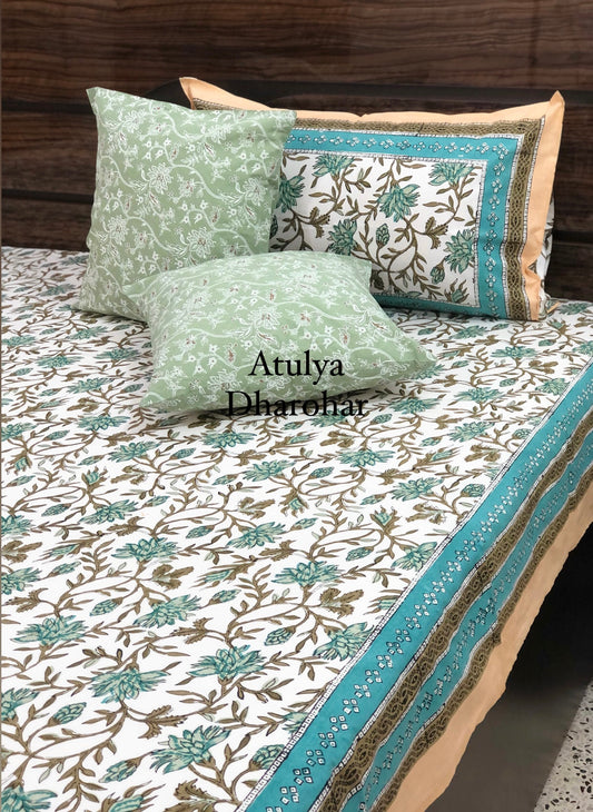 Turquoise Green and Brown Floral Jaal Bedsheet