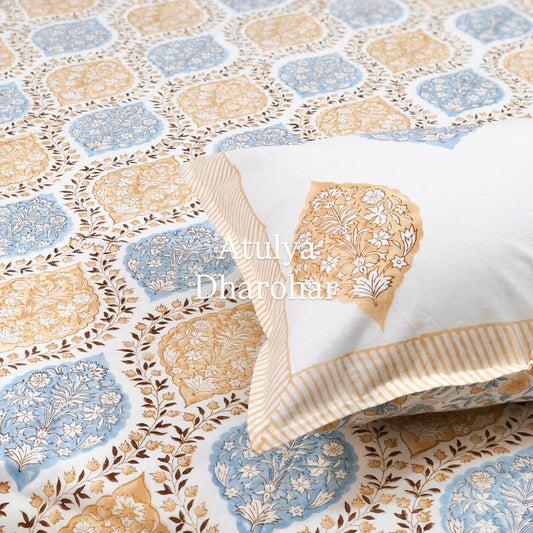Yellow and Blue Mughal Jaal Hand Block Printed Super King Bedsheet