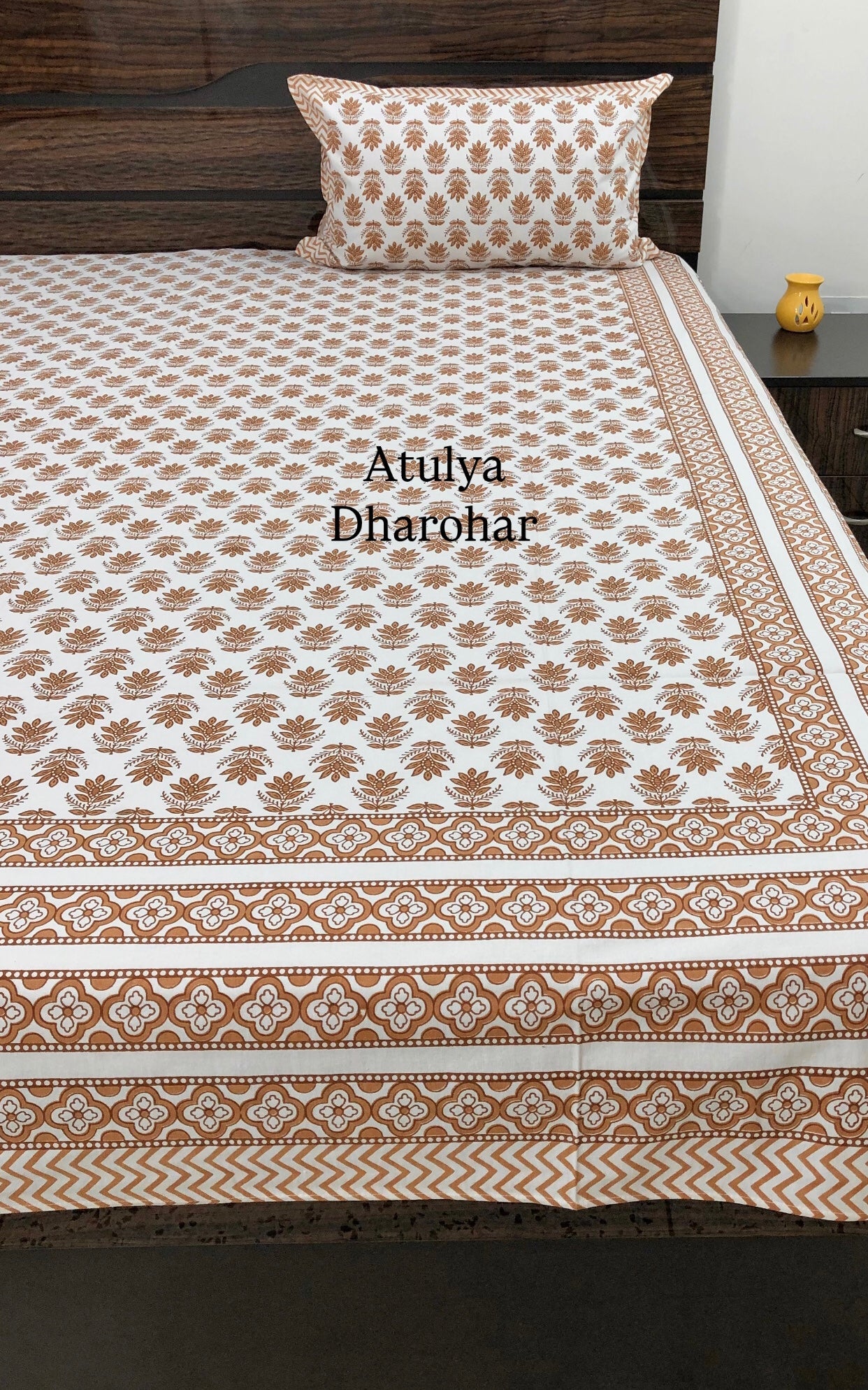 Brown Floral Motifs Cotton King Size Bedsheet