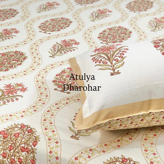 Peach Floral Motifs Cotton Super King Size Bedsheet