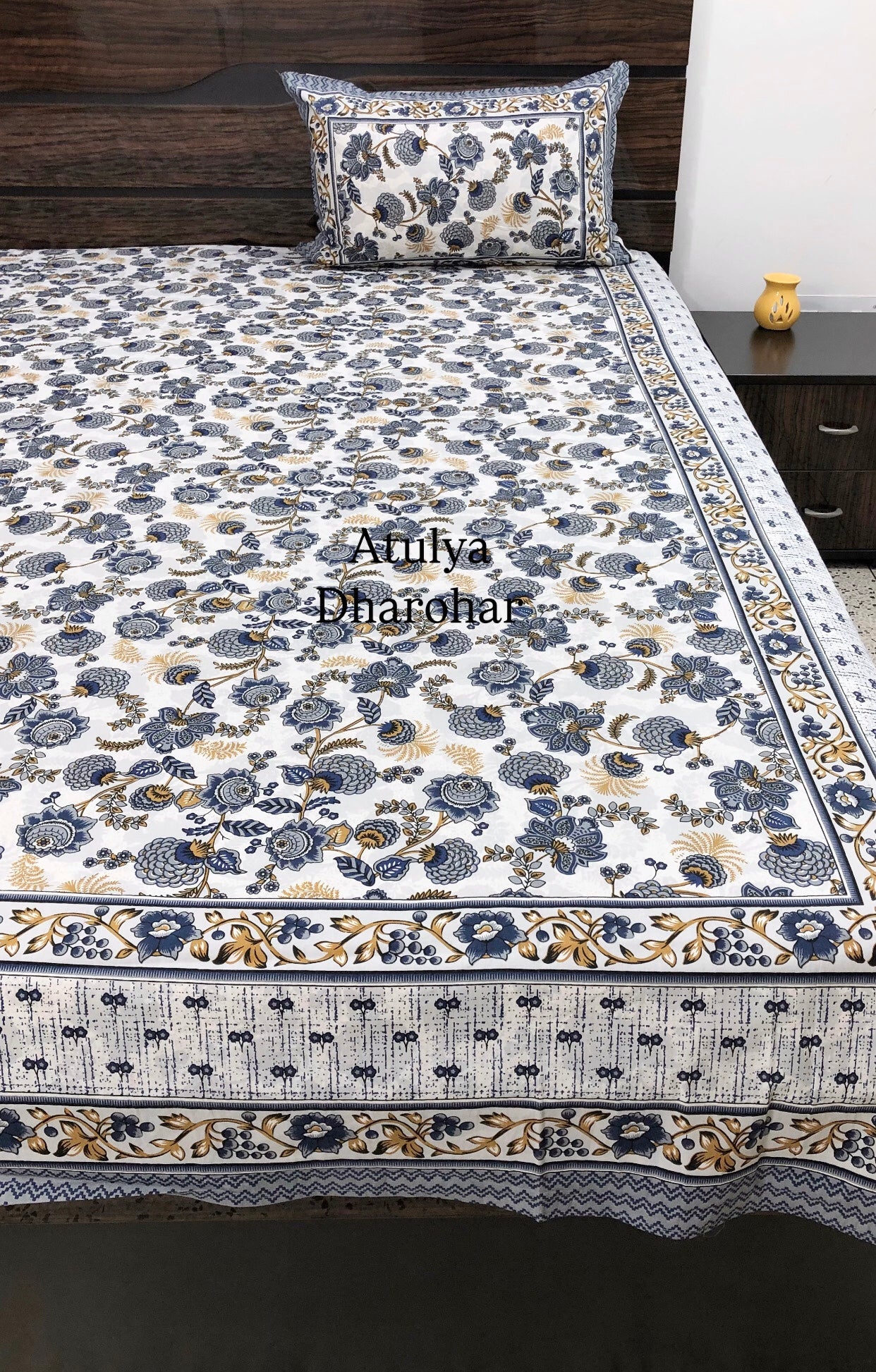 Blue and Brown Floral Jaal Cotton King Size Bedsheet