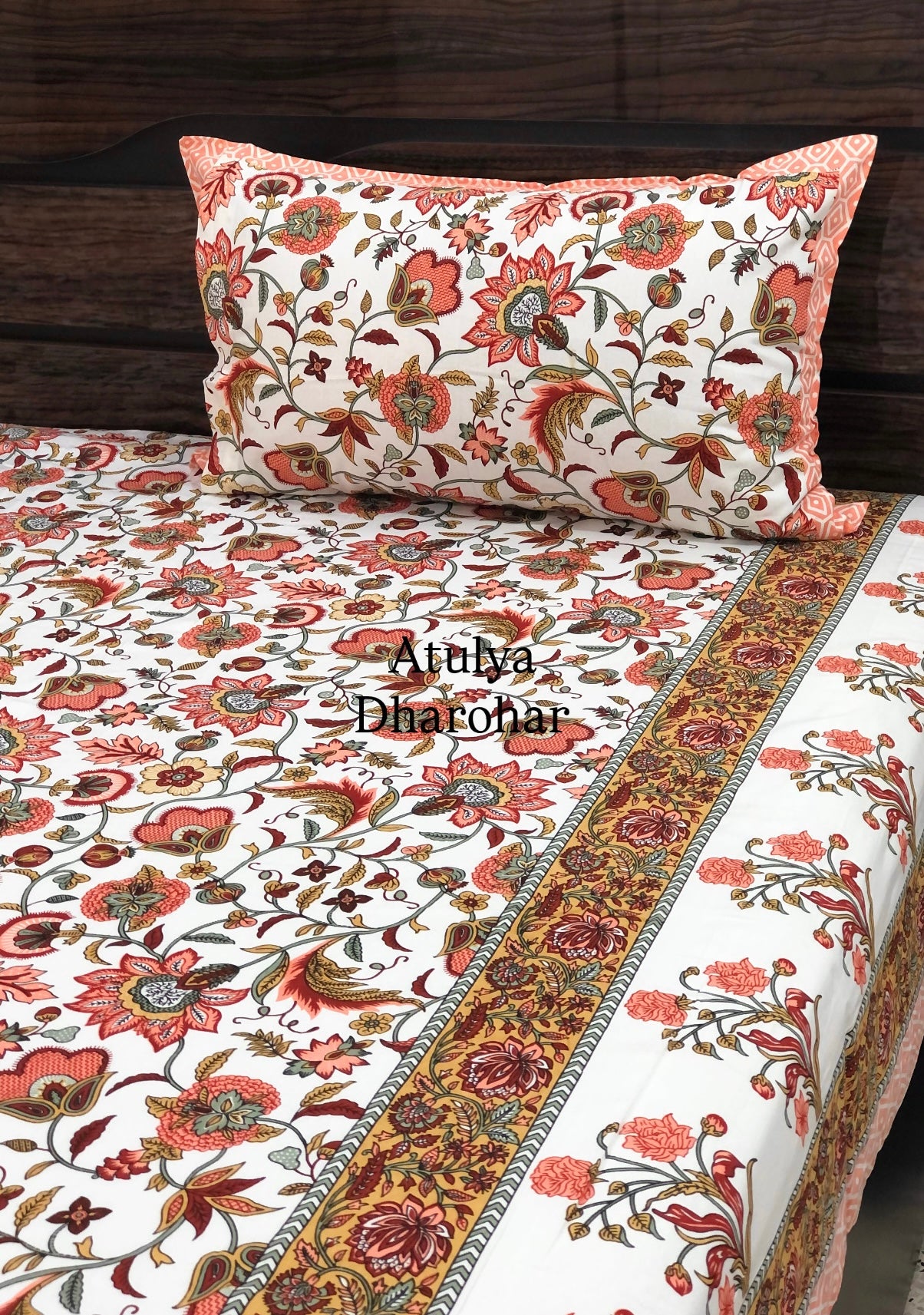 Orange Floral Jaal Cotton Super King Bedsheet
