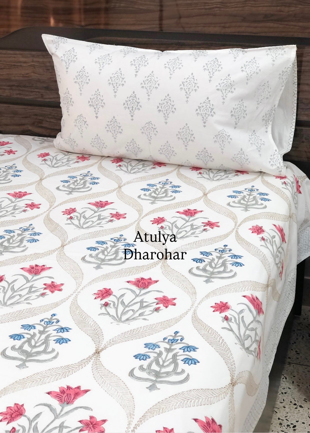 Pink and Blue Floral Mughal Jaal Percale Cotton Hand Block Super King Bedsheet