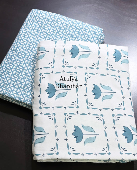 Blue Lotus Motifs Cambric Cotton Single Dohar Pair