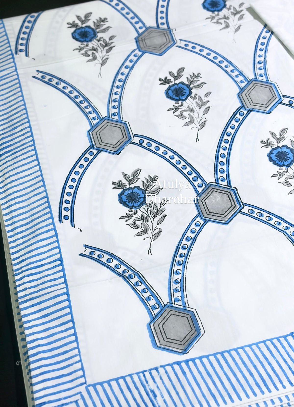 Blue Floral Mughal Jaal Percale Cotton Hand Block Printed Super King Bedsheet