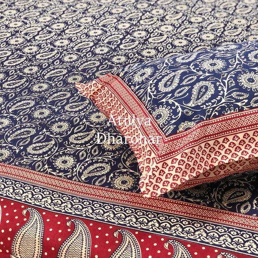 Indigo and Red Cotton Kalamkari King Size Bedsheet