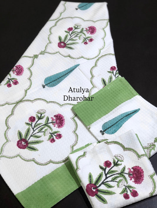 Pink and Turquoise Mughal Jaal Hand Block Waffle Cotton Towel Set